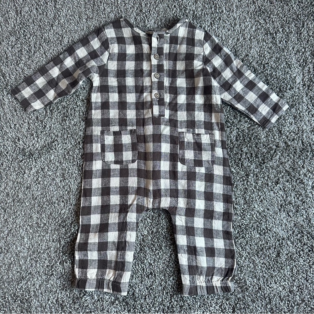 Rylee + Cru Brown Plaid Check Long Sleeve Baby Romper Jumpsuit Playsuit